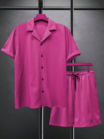 2025 spring and summer new small checkered texture shirt and shorts suit, casual solid color suit collar short-sleeved shirt and shorts Men's 2pcs suit, summer light top and pants Men's beach suit, daily outing, casual travel