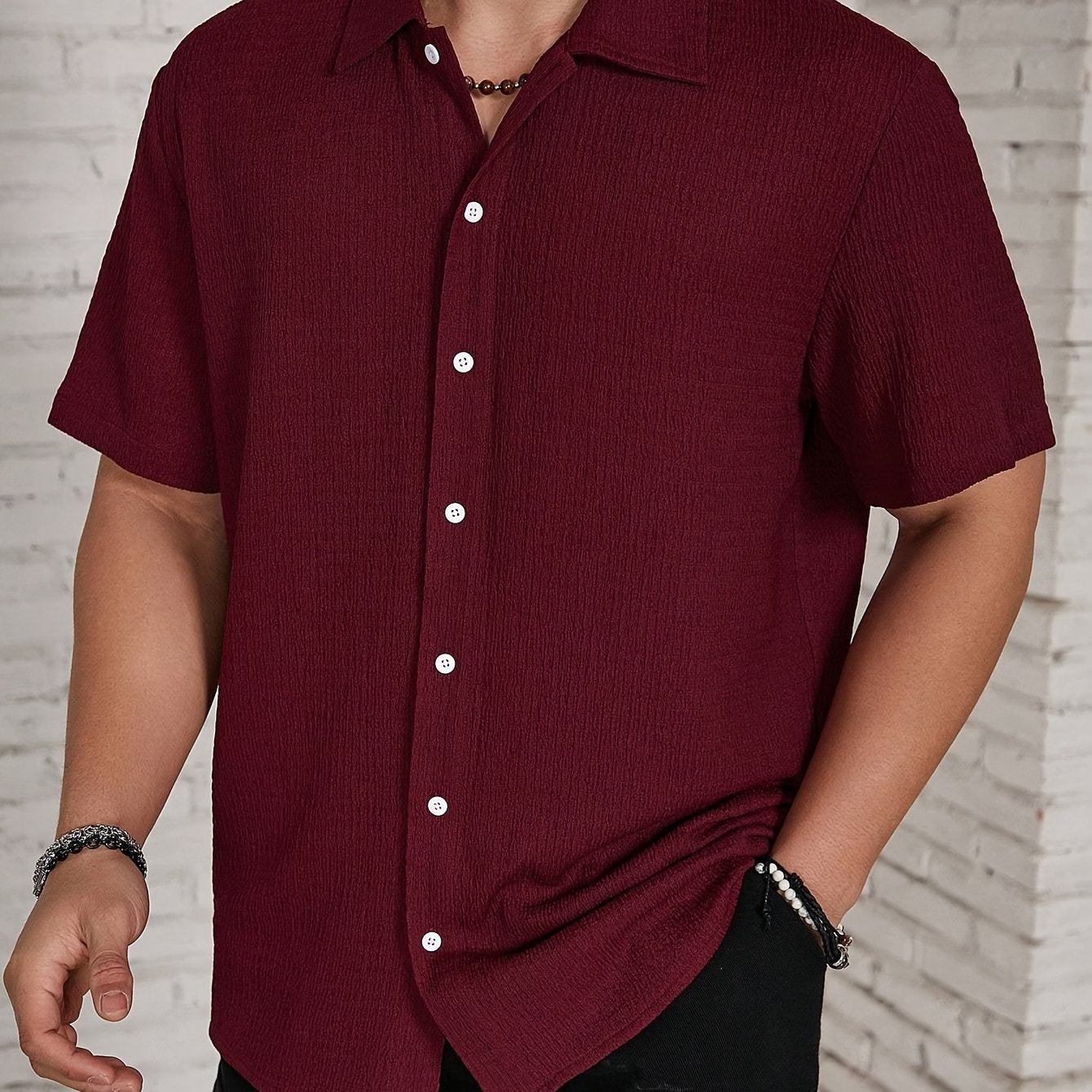 Men's Classic Solid Black Casual Button-Up Shirt - Lightweight Polyester, Easy Care, Short Sleeve with Collar for Spring/Summer