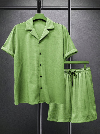 2025 spring and summer new small checkered texture shirt and shorts suit, casual solid color suit collar short-sleeved shirt and shorts Men's 2pcs suit, summer light top and pants Men's beach suit, daily outing, casual travel
