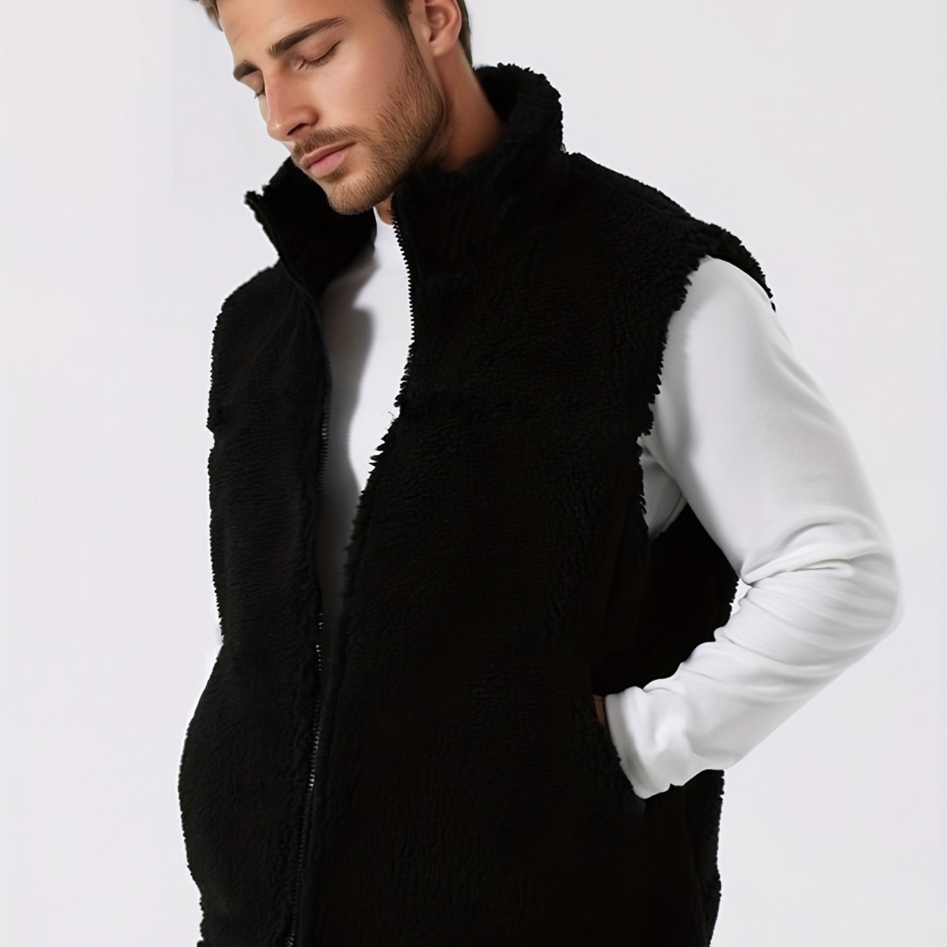 Men's Winter Outdoor Thickened Sleeveless Vest - Fleece-Lined Stand Collar Solid Color with Pockets, Machine Washable for Hiking &amp; Casual Wear