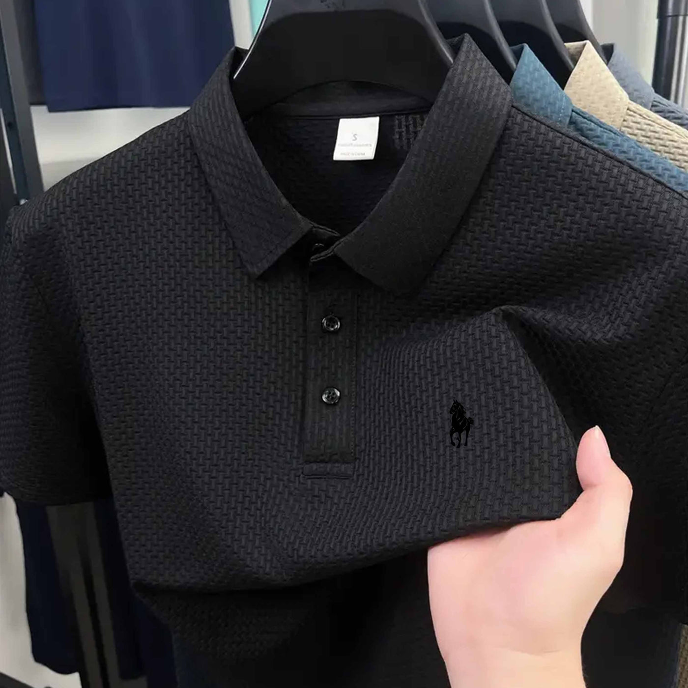 Men'S Casual Golf Shirt with Geometric Print, Lightweight Knit Fabric, Regular Fit, Short Sleeve, Button-Up Collar, Summer Wear, Golf Shirt