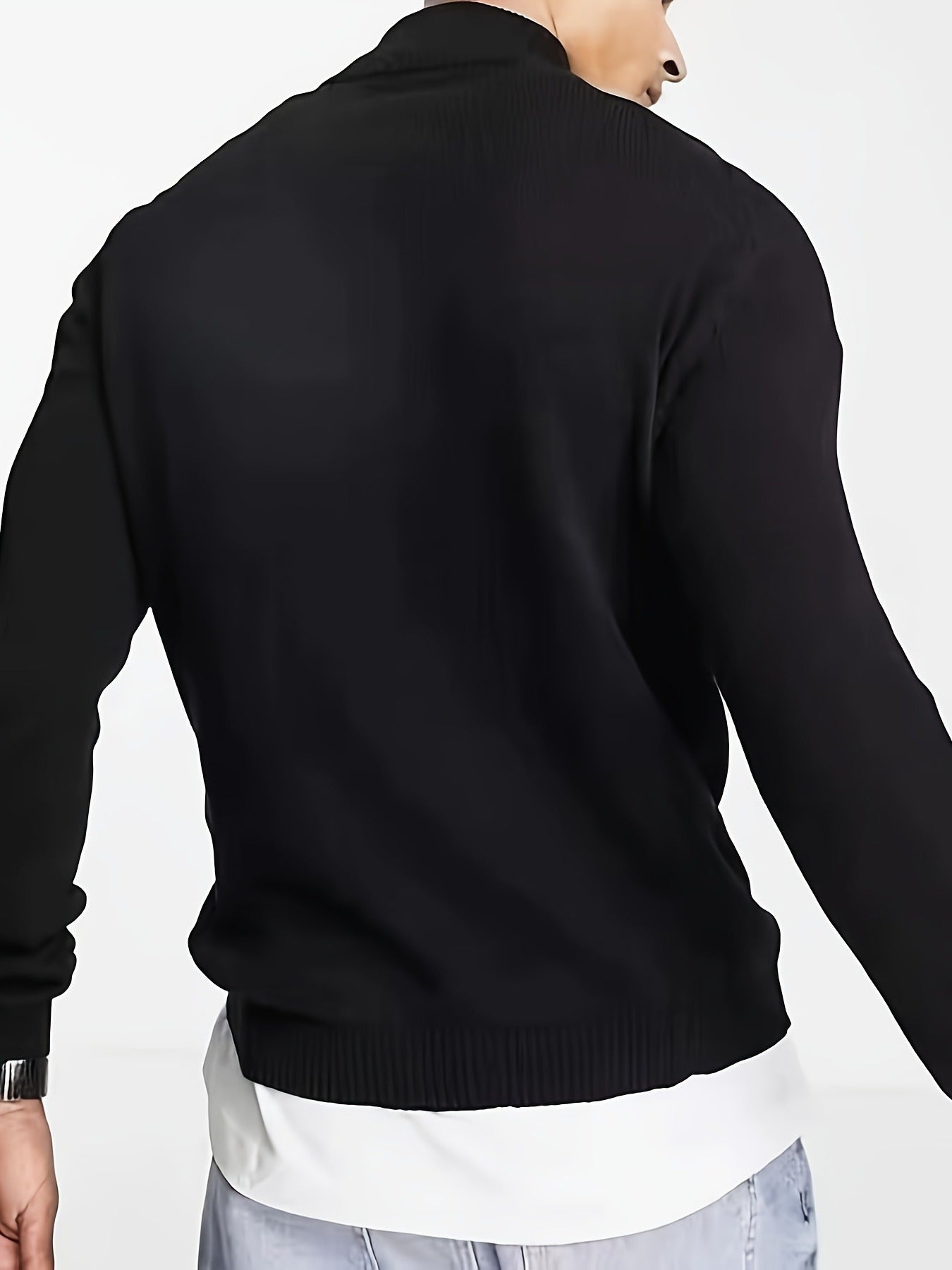1pc Men's Casual Short Sleeve Knit Sweater - Solid Black Round Neck Half-Zip Pullover, Regular Fit Autumn Winter Layering Essential, Hand Wash Only