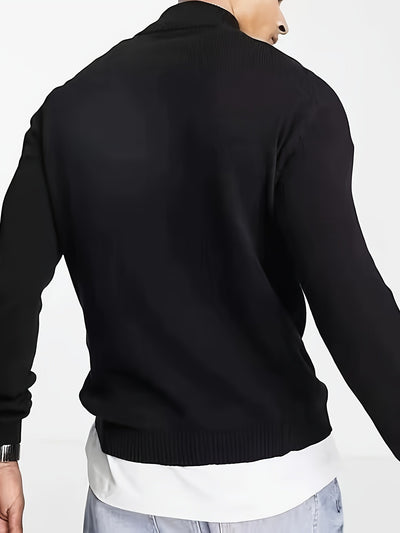 1pc Men's Casual Short Sleeve Knit Sweater - Solid Black Round Neck Half-Zip Pullover, Regular Fit Autumn Winter Layering Essential, Hand Wash Only