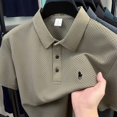 Men'S Casual Golf Shirt with Geometric Print, Lightweight Knit Fabric, Regular Fit, Short Sleeve, Button-Up Collar, Summer Wear, Golf Shirt