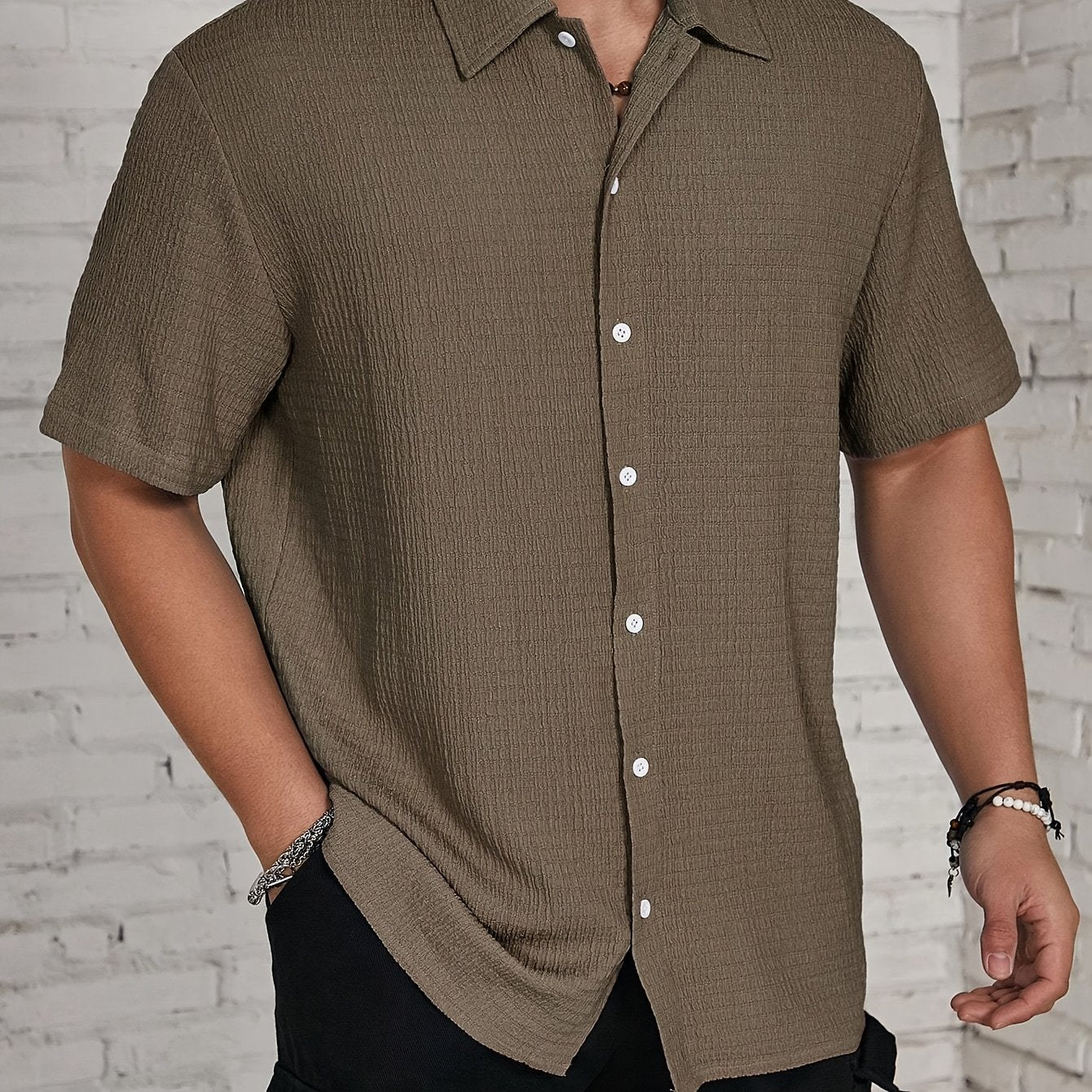 Men's Classic Solid Black Casual Button-Up Shirt - Lightweight Polyester, Easy Care, Short Sleeve with Collar for Spring/Summer