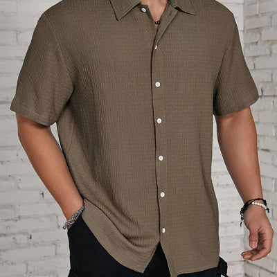 Men's Classic Solid Black Casual Button-Up Shirt - Lightweight Polyester, Easy Care, Short Sleeve with Collar for Spring/Summer