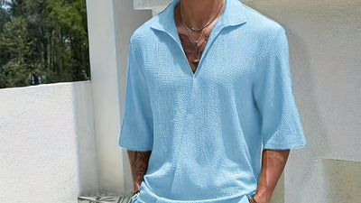 Men'S Casual Summer Polyester T-Shirt and Pants Set - Light Blue, V-Neck Tee with Short Sleeves &amp; Matching Pants, Casual Attire|Vneck Casualwear|Stretchy Fabric