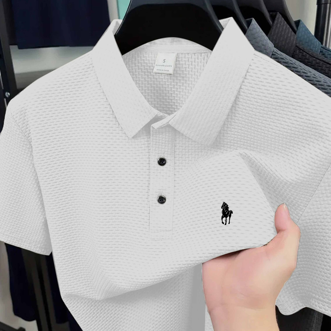 Men'S Casual Golf Shirt with Geometric Print, Lightweight Knit Fabric, Regular Fit, Short Sleeve, Button-Up Collar, Summer Wear, Golf Shirt