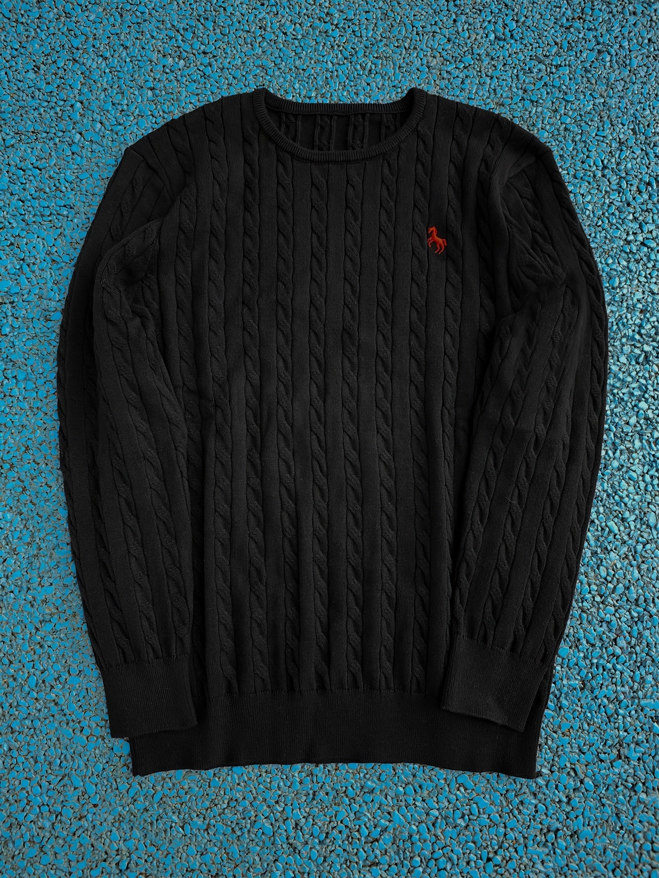 Men's Casual Cable-Knit Sweater with Black Horse Embroidery - Beige Round Neck Pullover, Medium Stretch, Regular Fit for Autumn/Winter, Knit Sweater, Winter Pullover, Simple Elegant Design, Comfortable Texture, Detail