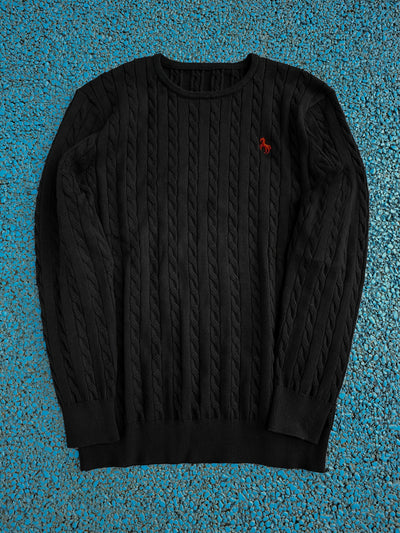 Men's Casual Cable-Knit Sweater with Black Horse Embroidery - Beige Round Neck Pullover, Medium Stretch, Regular Fit for Autumn/Winter, Knit Sweater, Winter Pullover, Simple Elegant Design, Comfortable Texture, Detail
