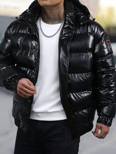 Men's Glossy Black Winter Hooded Jacket - Thermal Insulated Polyester Coat with Elastic Cuffs, Multiple Pockets &amp; Regular Fit for Cold Weather, Winter Jacket