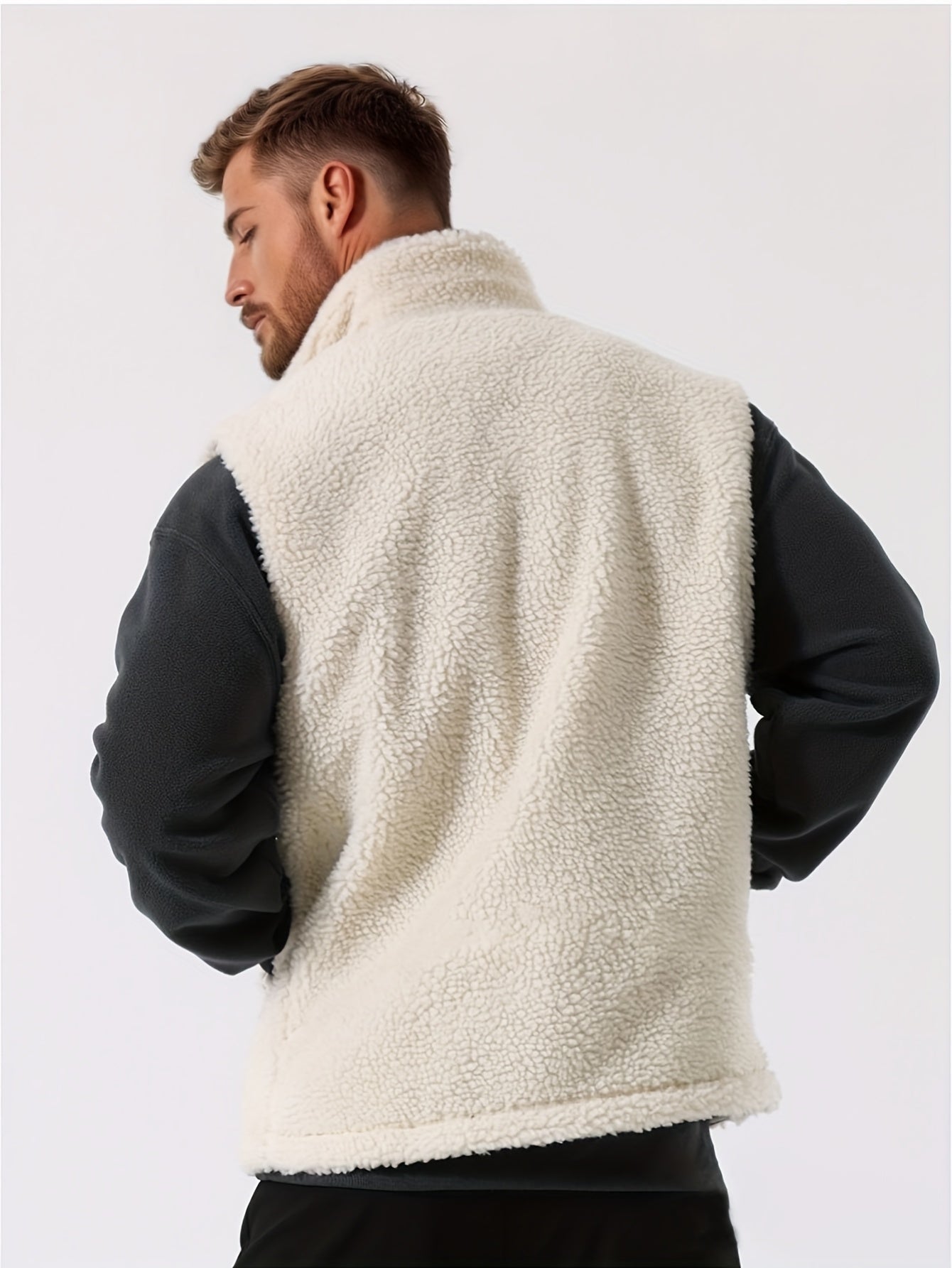 Men's Winter Outdoor Thickened Sleeveless Vest - Fleece-Lined Stand Collar Solid Color with Pockets, Machine Washable for Hiking &amp; Casual Wear