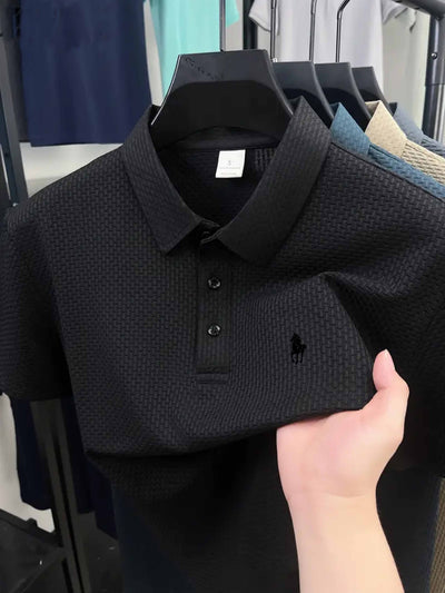 Men'S Casual Golf Shirt with Geometric Print, Lightweight Knit Fabric, Regular Fit, Short Sleeve, Button-Up Collar, Summer Wear, Golf Shirt
