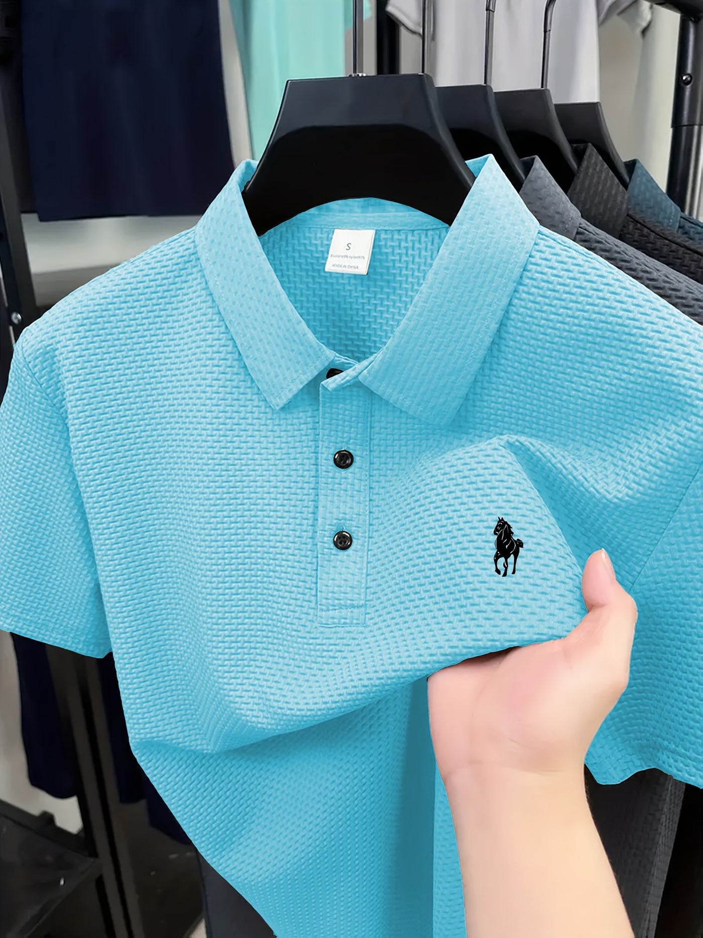 Men'S Casual Golf Shirt with Geometric Print, Lightweight Knit Fabric, Regular Fit, Short Sleeve, Button-Up Collar, Summer Wear, Golf Shirt