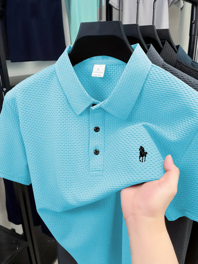 Men'S Casual Golf Shirt with Geometric Print, Lightweight Knit Fabric, Regular Fit, Short Sleeve, Button-Up Collar, Summer Wear, Golf Shirt