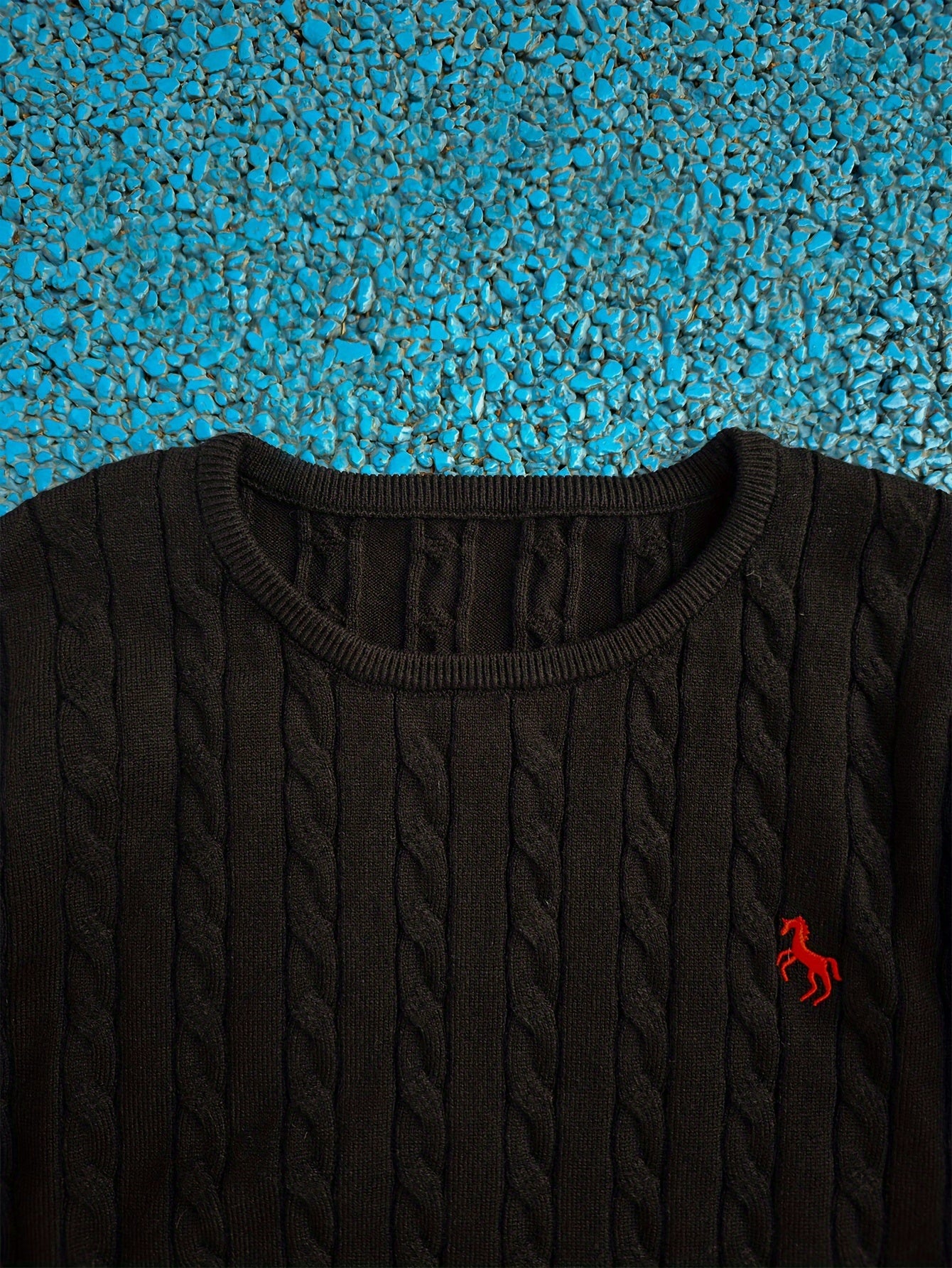 Men's Casual Cable-Knit Sweater with Black Horse Embroidery - Beige Round Neck Pullover, Medium Stretch, Regular Fit for Autumn/Winter, Knit Sweater, Winter Pullover, Simple Elegant Design, Comfortable Texture, Detail