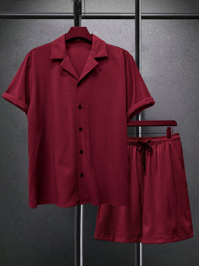 2025 spring and summer new small checkered texture shirt and shorts suit, casual solid color suit collar short-sleeved shirt and shorts Men's 2pcs suit, summer light top and pants Men's beach suit, daily outing, casual travel