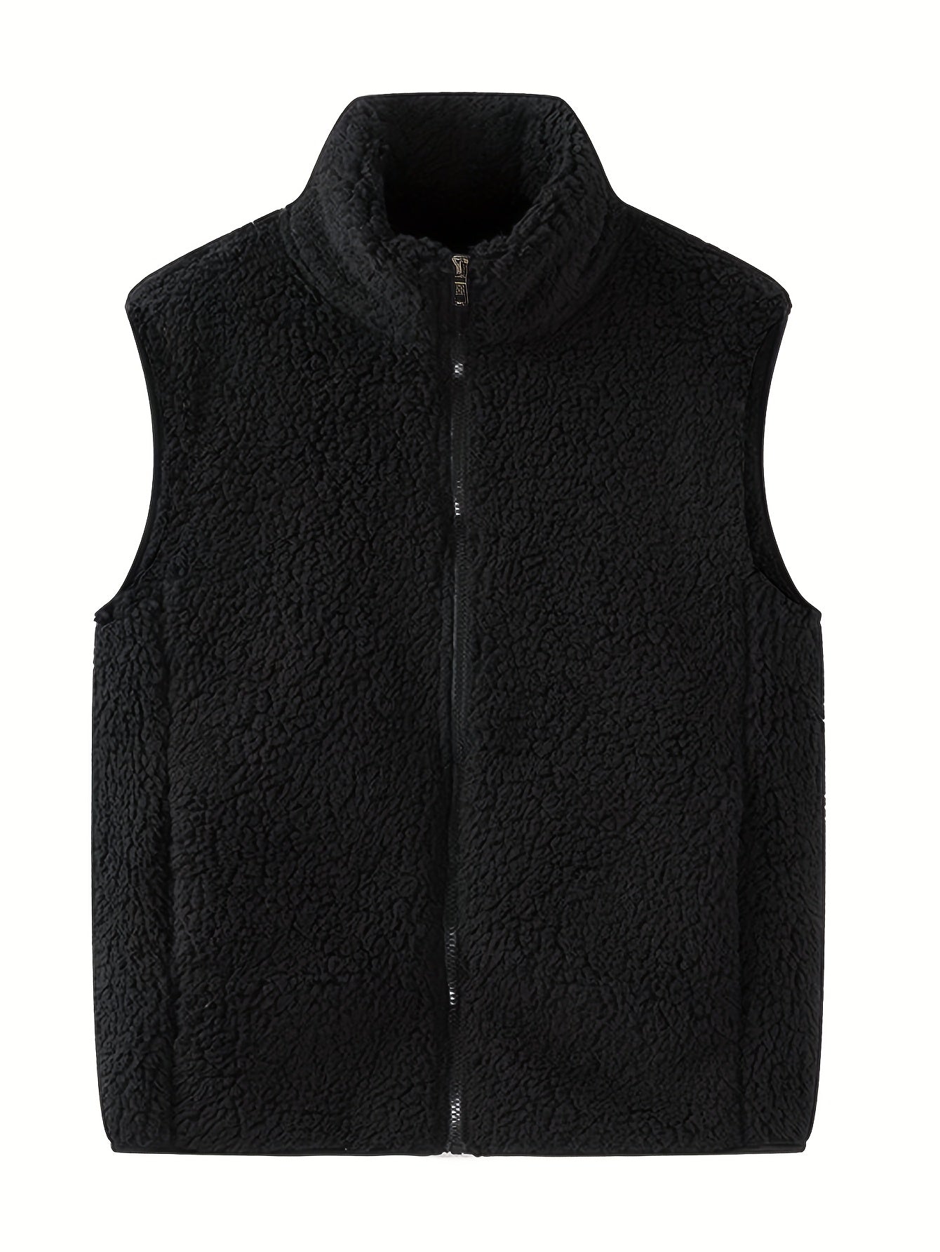 Men's Winter Outdoor Thickened Sleeveless Vest - Fleece-Lined Stand Collar Solid Color with Pockets, Machine Washable for Hiking &amp; Casual Wear