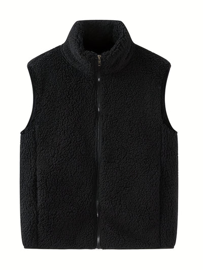 Men's Winter Outdoor Thickened Sleeveless Vest - Fleece-Lined Stand Collar Solid Color with Pockets, Machine Washable for Hiking &amp; Casual Wear