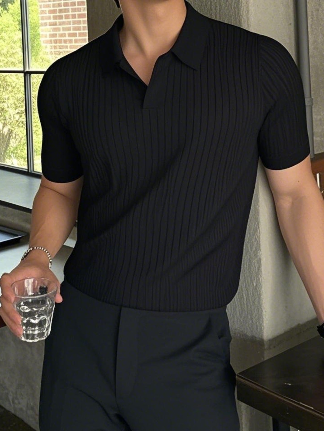 Men'S Classic Ribbed Knit Polo Shirt - Casual Summer Short Sleeve, Solid Color, Regular Fit with Collar, Lightweight Viscose Fabric for Casual Attire, Breathable Shirt | Classic polo design | Knitted Texture