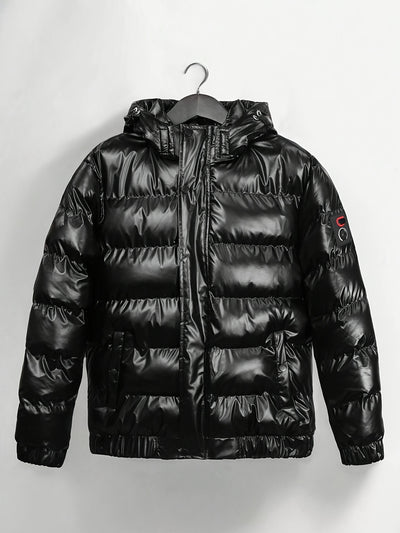 Men's Glossy Black Winter Hooded Jacket - Thermal Insulated Polyester Coat with Elastic Cuffs, Multiple Pockets &amp; Regular Fit for Cold Weather, Winter Jacket