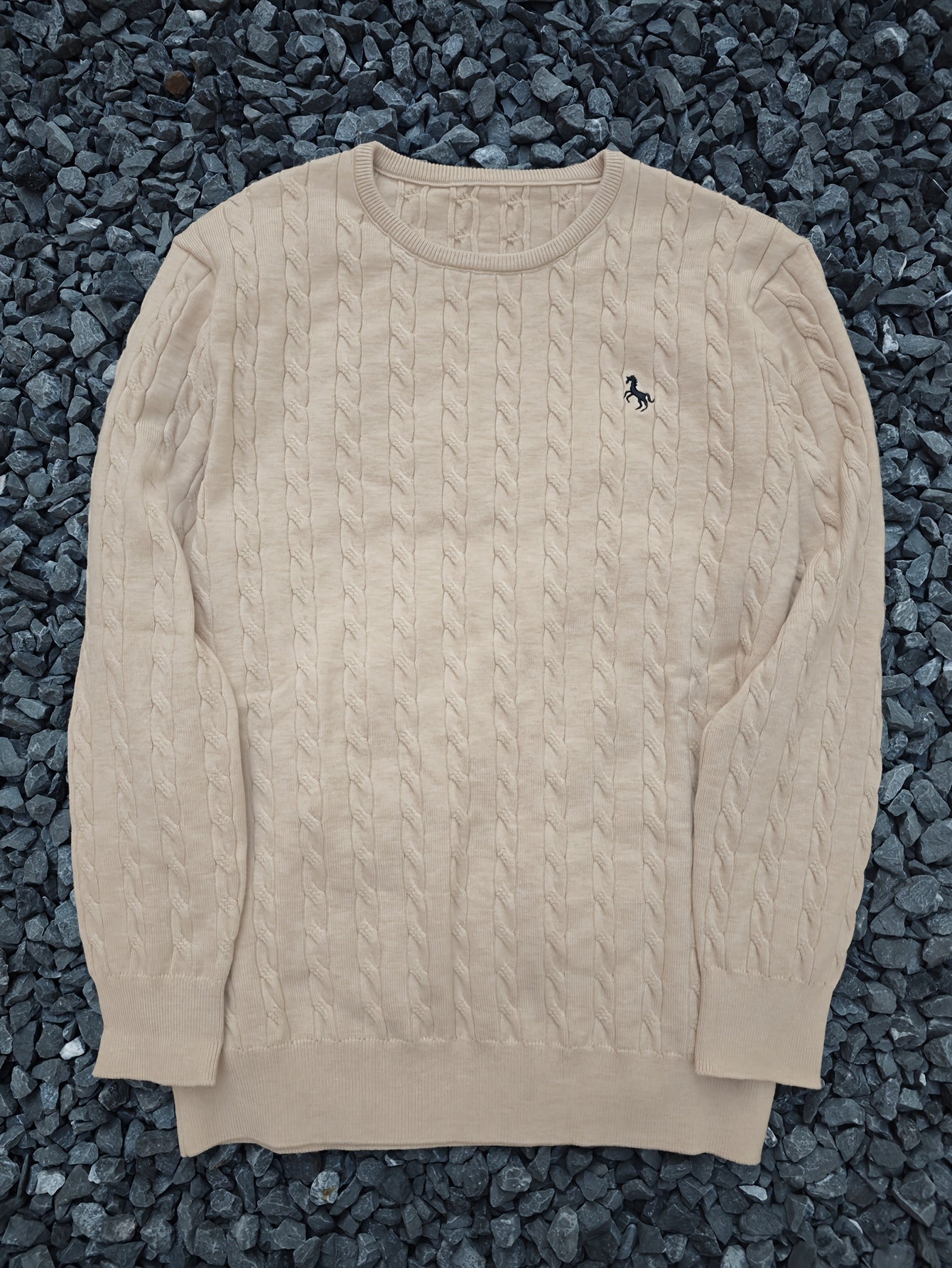 Men's Casual Cable-Knit Sweater with Black Horse Embroidery - Beige Round Neck Pullover, Medium Stretch, Regular Fit for Autumn/Winter, Knit Sweater, Winter Pullover, Simple Elegant Design, Comfortable Texture, Detail