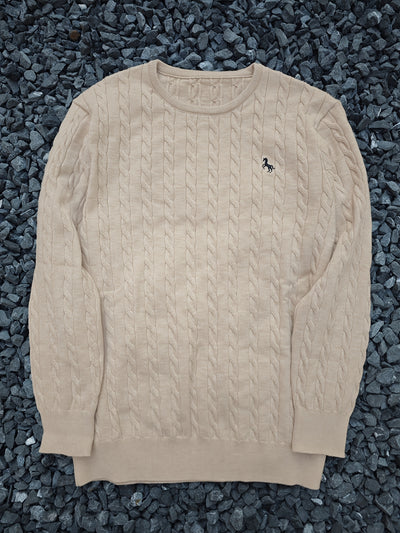 Men's Casual Cable-Knit Sweater with Black Horse Embroidery - Beige Round Neck Pullover, Medium Stretch, Regular Fit for Autumn/Winter, Knit Sweater, Winter Pullover, Simple Elegant Design, Comfortable Texture, Detail