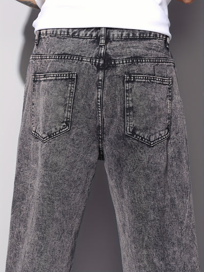 1pc American High Street Loose Jeans, Vintage Snowflake Washed Wide Leg Pants, Unisex Without Belt/Without Hanging