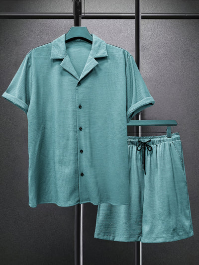 2025 spring and summer new small checkered texture shirt and shorts suit, casual solid color suit collar short-sleeved shirt and shorts Men's 2pcs suit, summer light top and pants Men's beach suit, daily outing, casual travel