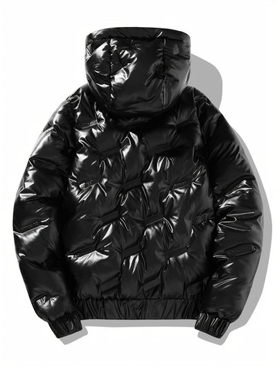 Men'S Black &amp; Golden Glossy Clothes with Detachable Hood - Casual Zip-Up Coat, Polyester, Regular Fit, Pockets, Hats for Men