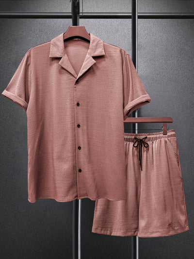 2025 spring and summer new small checkered texture shirt and shorts suit, casual solid color suit collar short-sleeved shirt and shorts Men's 2pcs suit, summer light top and pants Men's beach suit, daily outing, casual travel