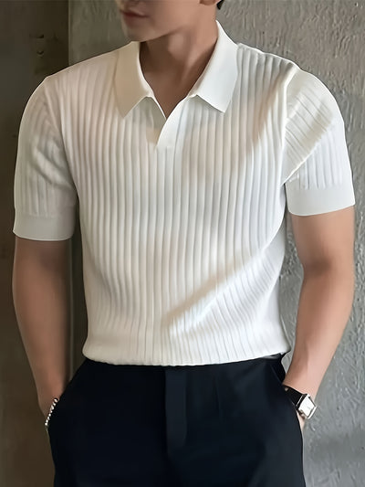 Men'S Classic Ribbed Knit Polo Shirt - Casual Summer Short Sleeve, Solid Color, Regular Fit with Collar, Lightweight Viscose Fabric for Casual Attire, Breathable Shirt | Classic polo design | Knitted Texture
