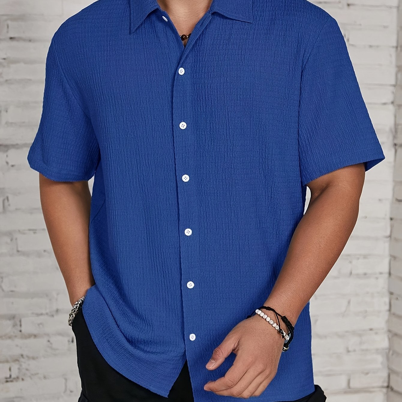 Men's Classic Solid Black Casual Button-Up Shirt - Lightweight Polyester, Easy Care, Short Sleeve with Collar for Spring/Summer