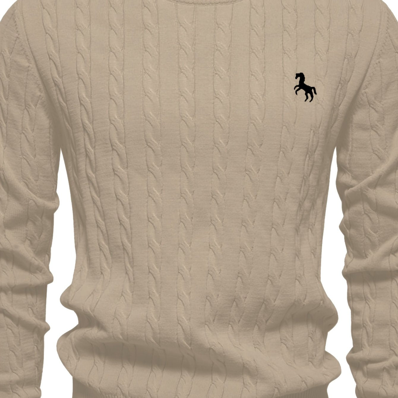 Men's Casual Cable-Knit Sweater with Black Horse Embroidery - Beige Round Neck Pullover, Medium Stretch, Regular Fit for Autumn/Winter, Knit Sweater, Winter Pullover, Simple Elegant Design, Comfortable Texture, Detail