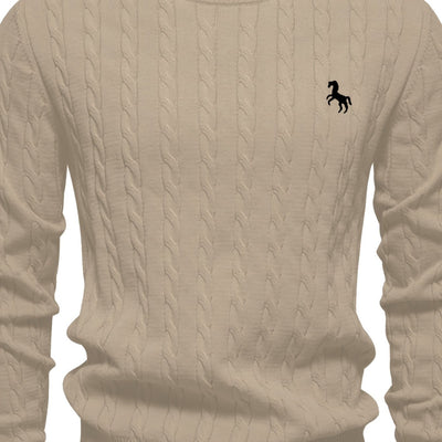 Men's Casual Cable-Knit Sweater with Black Horse Embroidery - Beige Round Neck Pullover, Medium Stretch, Regular Fit for Autumn/Winter, Knit Sweater, Winter Pullover, Simple Elegant Design, Comfortable Texture, Detail