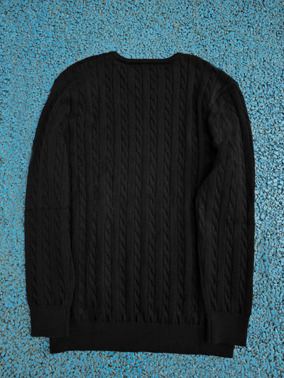 Men's Casual Cable-Knit Sweater with Black Horse Embroidery - Beige Round Neck Pullover, Medium Stretch, Regular Fit for Autumn/Winter, Knit Sweater, Winter Pullover, Simple Elegant Design, Comfortable Texture, Detail